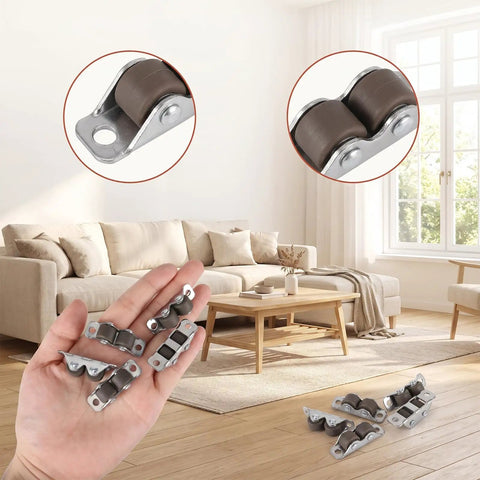 Beast Mode Mini Fixed Double Roller Caster Wheels Set Of 8 low profile wheels in hand with home setting background.