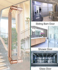 Hotel Hall Glass Door Handle With Modern Round Metal Push Pull Design Rose Gold Finish Durable 304 Stainless Steel Easy Install Fittings Included Slick For Glass And Wood Doors shown on various doors.
