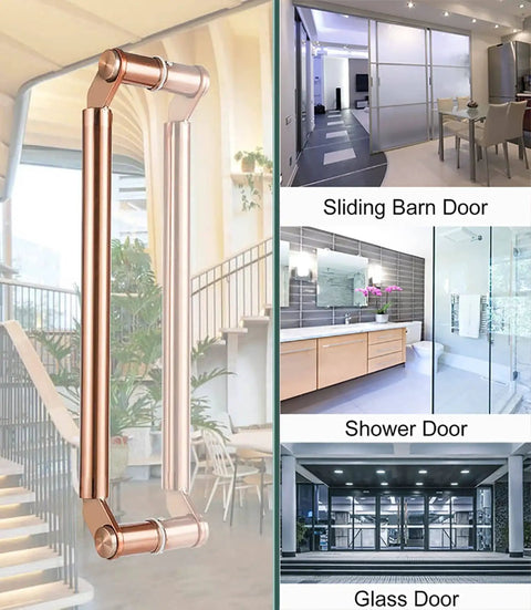 Hotel Hall Glass Door Handle With Modern Round Metal Push Pull Design Rose Gold Finish Durable 304 Stainless Steel Easy Install Fittings Included Slick For Glass And Wood Doors shown on various doors.