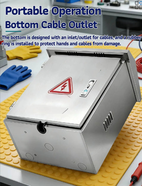 Heavy Duty Stainless Steel EV Charger Cover And Outdoor Wall Enclosure, portable design with cable inlet/outlet, robust and weatherproof.