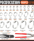 560 Pcs 22 Sizes 304 Stainless Steel Stepless Single Ear Hose Clamp Kit with Ear Clamp Pincer Tool for Fuel Line Automotive Industry and Home Plumbing Easy to Use, shown with detailed size specifications and tools.