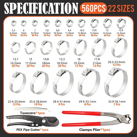 560 Pcs 22 Sizes 304 Stainless Steel Stepless Single Ear Hose Clamp Kit with Ear Clamp Pincer Tool for Fuel Line Automotive Industry and Home Plumbing Easy to Use, shown with detailed size specifications and tools.