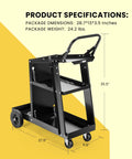Sturdy Three Tier Rolling Welding Cart With Upgraded Wheels And Tank Storage For TIG MIG Welder And Plasma Cutter Black Finish Built To Haul 220 Lbs Heavy Duty Shop Must Have with dimensions labeled