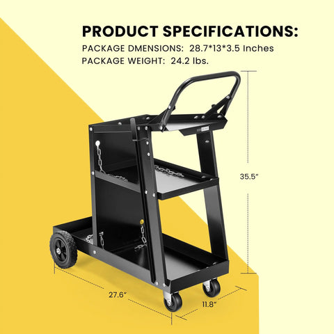 Sturdy Three Tier Rolling Welding Cart With Upgraded Wheels And Tank Storage For TIG MIG Welder And Plasma Cutter Black Finish Built To Haul 220 Lbs Heavy Duty Shop Must Have with dimensions labeled