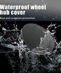 Waterproof wheel hub cover splashing in water, featuring No Hassle Drop In Wheel Center Caps Tough Abs Hub Covers For Cars And Trucks 60Mm Outer 56Mm Inner Diameter Heavy Duty Glossy Black Rim Replacements Set Of Four Cool.