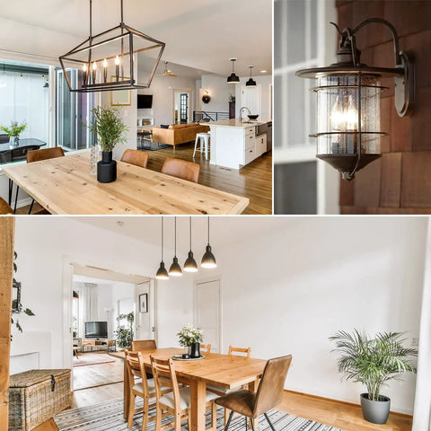 Dining and living spaces with modern chandeliers and wall sconces featuring Vintage Style LED Candelabra Bulbs 60W Equivalent, 550 Lumens, 3500K Toasted White, Flame Tip Clear Glass Filament, Dimmable 5W E12 Base, 24 Pack for Chandeliers and Pendant Lights.