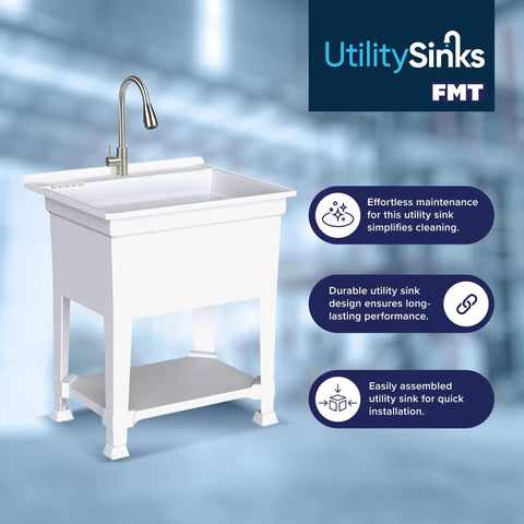 Freestanding Utility Tub Sink With Quick Connect Drain 24x24 White Portable Compact Sink With Heavy Duty Stainless Steel Pullout Faucet
