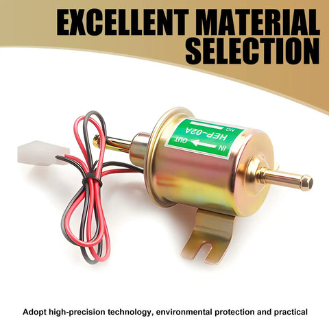 Heavy Duty 12V Low Pressure Fuel Supply Pump For Cars And Motorcycles Plunger Transfer Unit Gold finish with wires and connector.