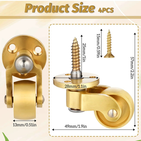 4 Piece Brass Stem Furniture Casters Set With Universal 360 Degree Swivel Wheels Heavy Duty Metal Construction dimensions