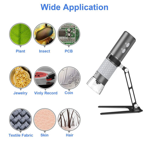 WiFi Digital Microscope 4K HD Camera With 50X To 1000X Magnification, wireless handheld scope on adjustable stand with sample views