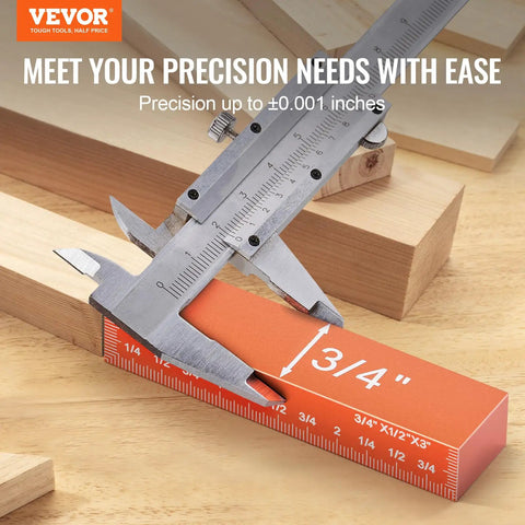 Caliper measuring 3/4 inch mark on Pro Grade Router Table Setup Bars Kit, 14 Piece Precision Aluminum Blocks With Laser Engraved Size Markings.