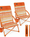 Two Pack Low Beach Chairs For Adults Folding Recliner Camping Chairs With Cup Holders Lightweight Low Seat Chairs For Outdoor Camping Picnic Festival Carry Bags Included Orange Striped