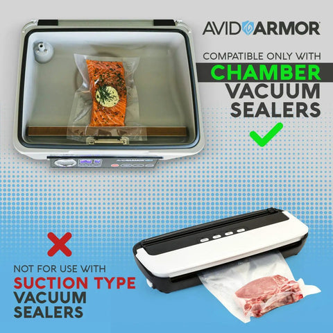 Beefy Heavy Duty Vacuum Sealer Bags 6x10 And 8x12 Inches, 280 Pack BPA Free Pouches shown in chamber vacuum sealer with salmon.