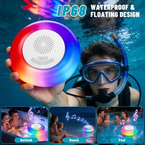 Diver holding 2 Pack Floating Pool Lights With Bluetooth Speaker 2 In 1 RGB Pool Lights IP68 Waterproof 360 Degree Hi Fi Sound