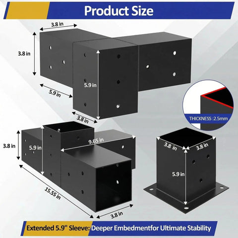 Beefy Heavy Duty Pergola Brackets Kit For 4x4 Lumber With 3-Way And 4-Way Corner Brackets, shown with 3.6x3.6 inch measurements