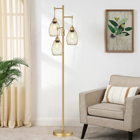 Dimmable Floor Lamp With Stepless Dimming From 0 To 100 Percent, Industrial Gold Tree Standing Lamp With 3 Teardrop Cage Heads And 800 Lumen LED Bulbs, The Go To Choice For Living Room, Bedroom, Office And Dining Room