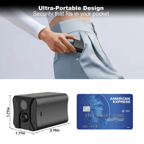 4G LTE Cellular Security Camera Indoor No WiFi Off Grid With Long Standby Battery Life next to credit card for size comparison