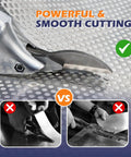 Close-up of Drill Metal Shear Attachment With 360 Degree Pivoting Head cutting metal smoothly with comparison images below.