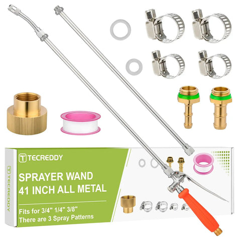 All Metal 29 Inch Sprayer Wand For Tank Sprayers With Stainless Steel Extension Tubes And Brass Barbs One Quarter Inch And Three Eighths Inch Joints Heavy Duty Lawn Care And Plant Watering Accessory shown with components and orange handle.