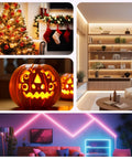 Collage of decorative LED lighting projects including a Christmas tree, Halloween pumpkin, modern living room, and ambient lighting setup.