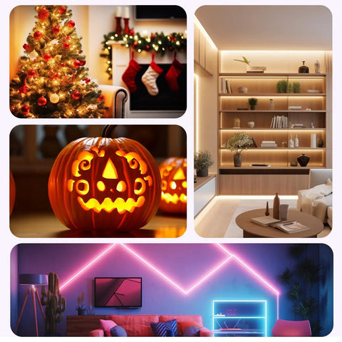 Collage of decorative LED lighting projects including a Christmas tree, Halloween pumpkin, modern living room, and ambient lighting setup.