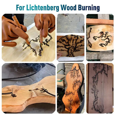 10kV Neon Sign Transformer For Glass Neon Signs And DIY Lichtenberg Wood Burning Projects 120V Input shown with wood patterns