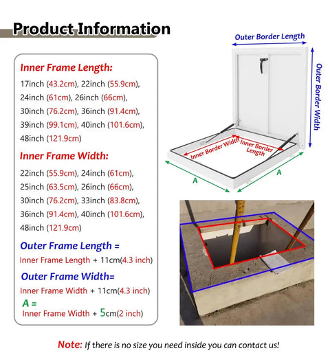Detailed dimensions for Rock Solid White Roof Access Hatch With Lockable Handle And Gas Struts Aluminum Galvanized Steel Maintenance Door.