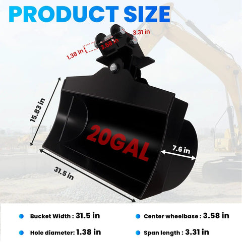 35inches/889mm Mini Excavator Attachment Set With Hydraulic Bucket, shown in 31.5in width, designed for versatile tasks.