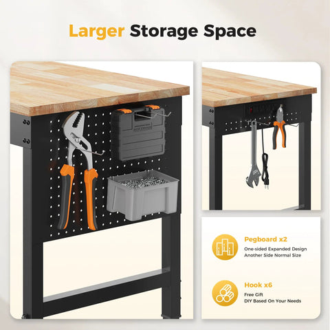 60 Inch Heavy Duty Workbench Built To Haul 2000 Lb Capacity With Rubber Wood Top, Pegboard, And Built In Power Outlets displayed with tools
