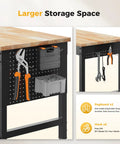 Close-up of Beefy 96 Inch Adjustable Heavy Duty Workbench with pegboard storage and hanging tools in garage setup.