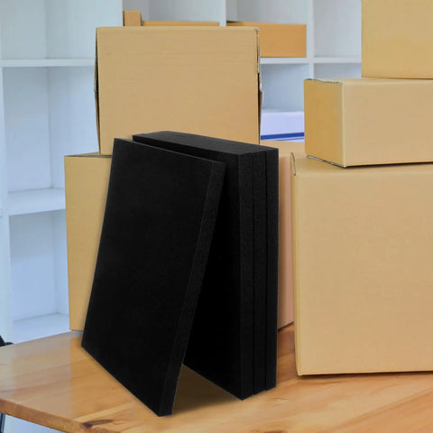 Polyurethane Foam Padding Pack Cut To Size Four Pieces Black Shockproof Protection visible with cardboard boxes in background