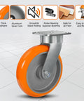 Eight By Two Inch Tough As Nails Heavy Duty Swivel Casters Using Kingpinless Crowned Polyurethane Tread And Aluminum Core shown close-up.