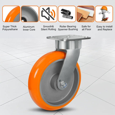 Eight By Two Inch Tough As Nails Heavy Duty Swivel Casters Using Kingpinless Crowned Polyurethane Tread And Aluminum Core shown close-up.