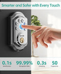 Smart Front Door Lock With Fingerprint And Bluetooth Deadbolt Keypad Entry App Control And Alexa Compatibility Auto Lock For Home And Apartment Remote WiFi Access 50 Fingerprints 100 Codes, shown with a hand touching the keypad.