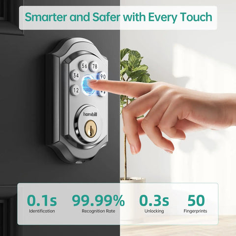 Smart Front Door Lock With Fingerprint And Bluetooth Deadbolt Keypad Entry App Control And Alexa Compatibility Auto Lock For Home And Apartment Remote WiFi Access 50 Fingerprints 100 Codes, shown with a hand touching the keypad.