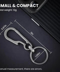 Multifunction Titanium Carabiner Keychain on black surface with measurements, ultra lightweight outdoor key holder minimalist key ring