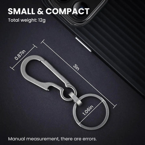 Multifunction Titanium Carabiner Keychain on black surface with measurements, ultra lightweight outdoor key holder minimalist key ring