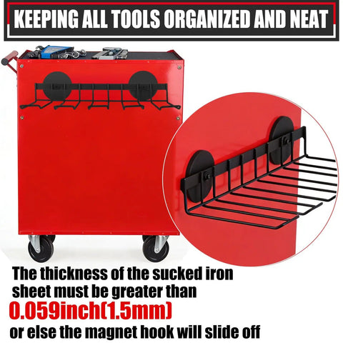 Heavy Duty Magnetic Power Tool Organizer And Drill Holder Wall Mount shown on red cart, rubber coated magnets visible.