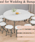 5 Ft Round Folding Table With Carrying Handle, Heavy Duty Portable Plastic Top, Sturdy Steel Legs, White, Set