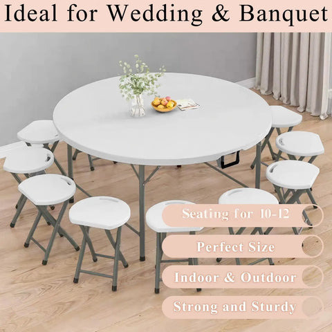 5 Ft Round Folding Table With Carrying Handle, Heavy Duty Portable Plastic Top, Sturdy Steel Legs, White, Set