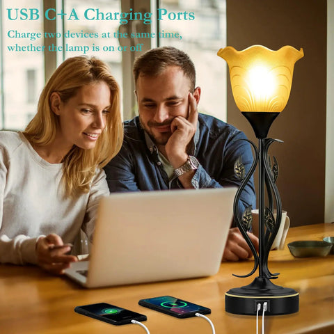 Set Of 2 Rustic Torchiere Bedside Lamps With USB Port, 3 Way Dimmable Touch Table Lamps, Glass Flower Shade With Vine Leaf Design