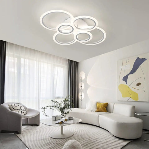30.5 Inch Acrylic LED Ring Ceiling Light Fixture Dimmable Flush Mount Chandelier in a modern living room setting