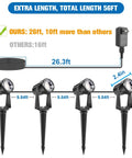 Diagram of Four Pack Low Voltage Outdoor Uplights and Spotlights with Transformer and 75ft Cable, showing dimensions and cable length.