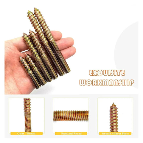 Hand holding Double Ended Hanger Bolts Set Yellow Zinc Plated For Wood Furniture M4 M5 M6 M8 M10 Sizes with M4x40mm Length