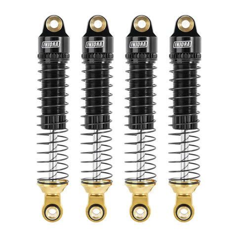 59mm Threaded Oil Shocks With Brass Ends For 1/18 TRX4M Upgrade shown upright in black and gold with adjustable preload feature
