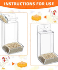 Clear Acrylic Oyster Shell And Grit Feeder For Chickens with displayed instructions and feed, showcasing the dispenser design.