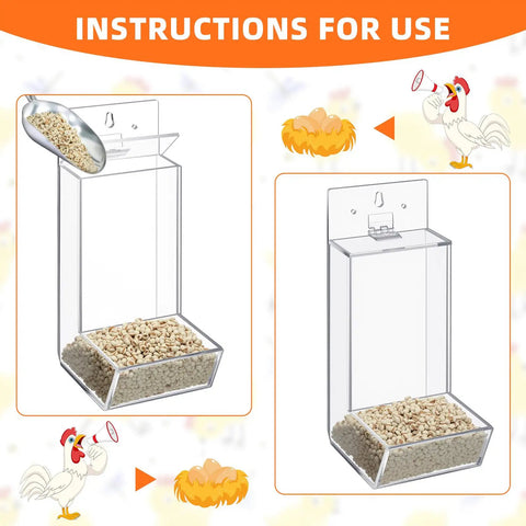 Clear Acrylic Oyster Shell And Grit Feeder For Chickens with displayed instructions and feed, showcasing the dispenser design.