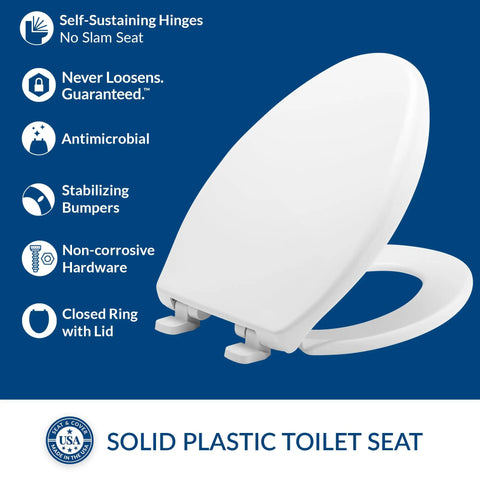 Commercial Heavy Duty Elongated Toilet Seat With White Cover And No Slam Seat Built Different For Busy Public Washrooms Featuring Grip Tight Bolts For Zero Drama Installation Made In Usa with self-sustaining hinges.