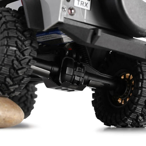 Close-up of Beefed Up Skid Plate And Chassis Armor Front And Rear Axle Protectors Stainless Steel For One Eighteenth Scale TRX4M RC Crawler Upgrade 14g Gunmetal Finish