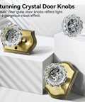 3 Pack Crystal Glass Door Knobs With Antique Brass Finish And Privacy Lock For Bedroom And Bathroom Interiors, Vintage Rosette Style Doorknobs With Heavy Duty Zinc Alloy Plates For A Classy Yet On Point Look, displayed on white backdrop.